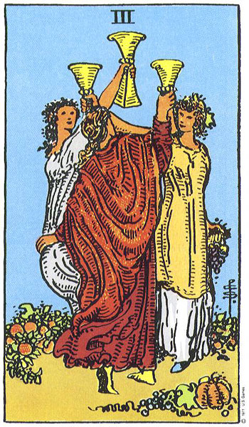 Classic tarot card image of Three of Cups