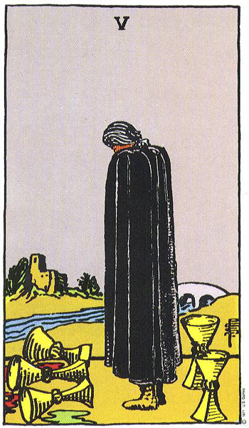 Classic tarot card image of Five of Cups