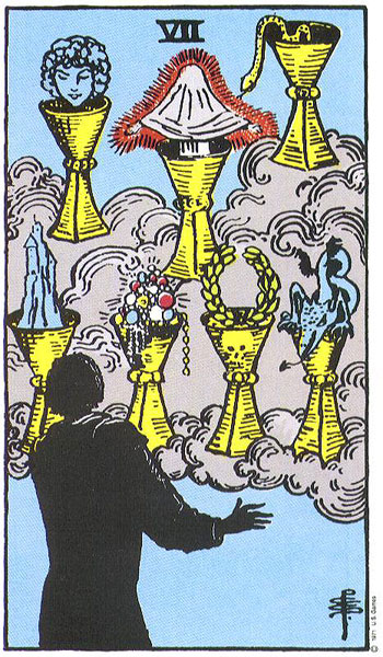 Classic tarot card image of Seven of Cups