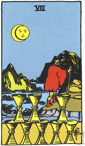 Classic tarot card image of Eight of Cups