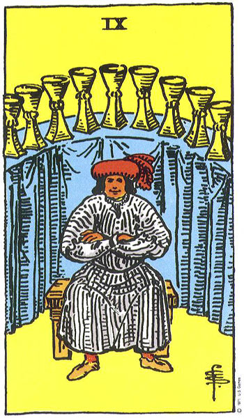 Classic tarot card image of Nine of Cups