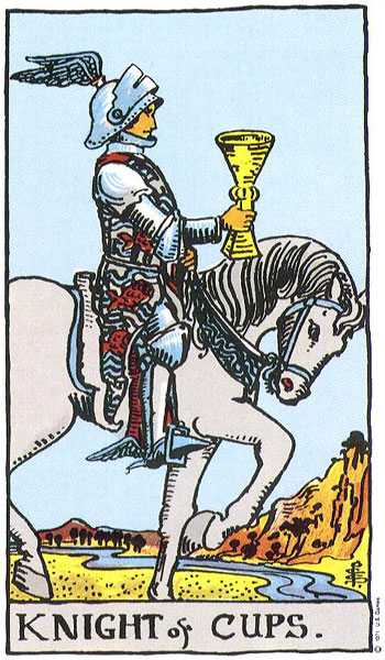 Classic tarot card image of Knight of Cups