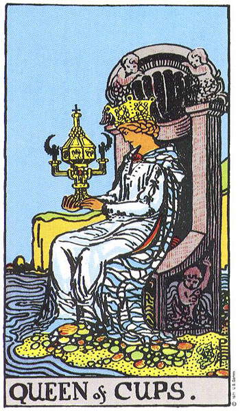 Classic tarot card image of Queen of Cups