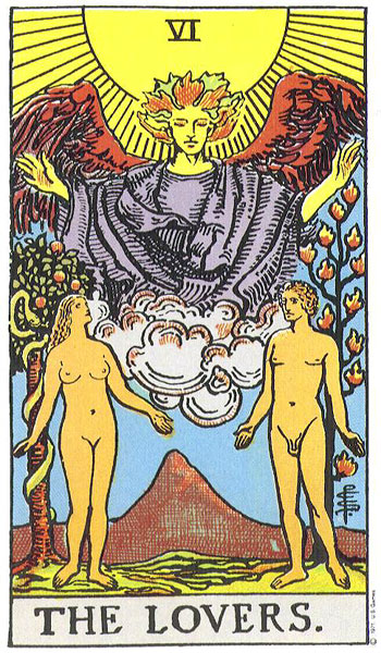 Classic tarot card image of The Lovers