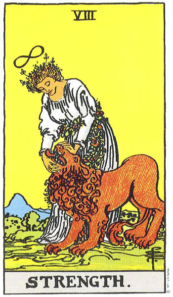 Classic tarot card image of Strength