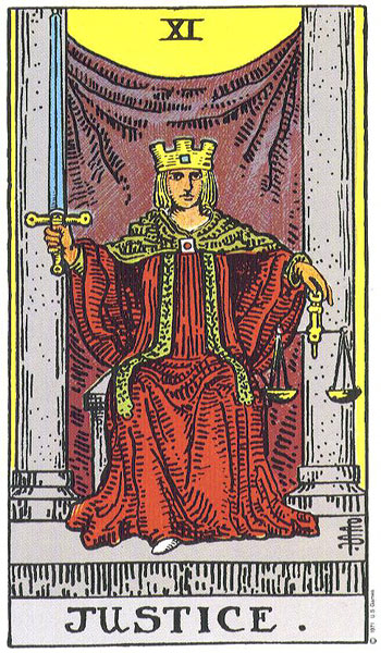 Classic tarot card image of Justice