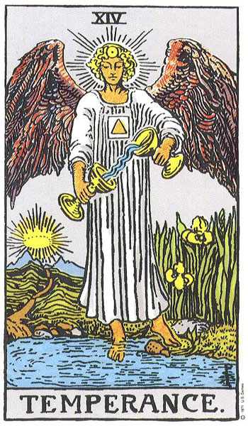 Classic tarot card image of Temperance