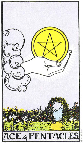 Classic tarot card image of Ace of Pentacles