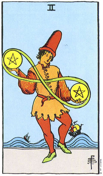 Classic tarot card image of Two of Pentacles