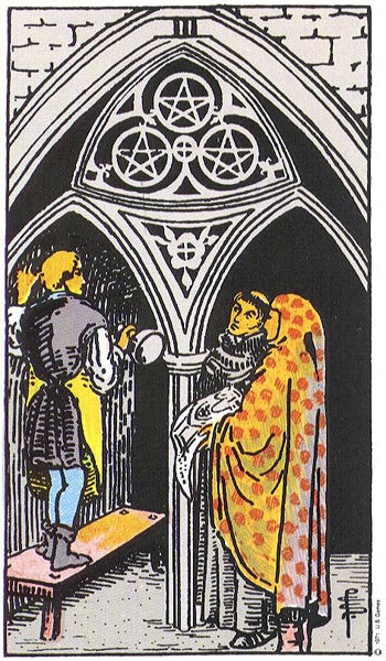 Classic tarot card image of Three of Pentacles