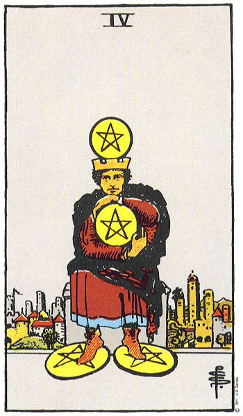 Classic tarot card image of Four of Pentacles