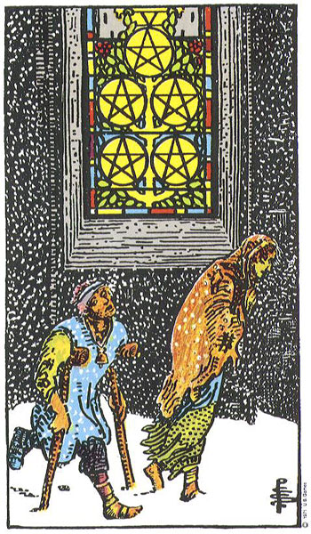 Classic tarot card image of Five of Pentacles