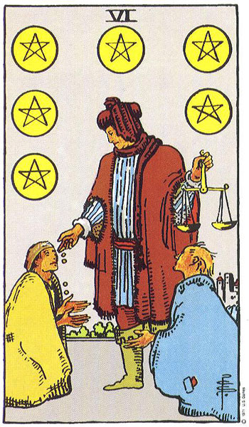 Classic tarot card image of Six of Pentacles