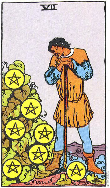 Classic tarot card image of Seven of Pentacles