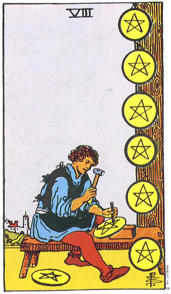 Classic tarot card image of Eight of Pentacles