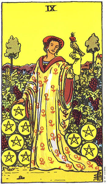 Classic tarot card image of Nine of Pentacles