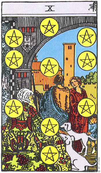 Classic tarot card image of Ten of Pentacles