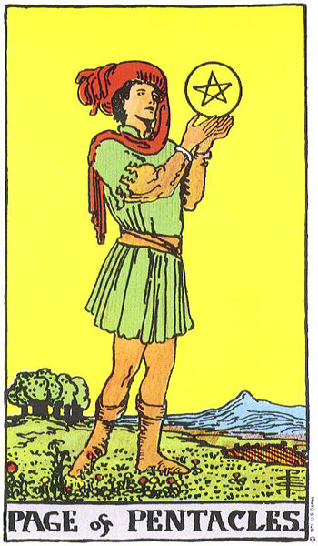 Classic tarot card image of Page of Pentacles