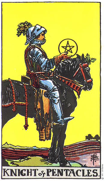 Classic tarot card image of Knight of Pentacles