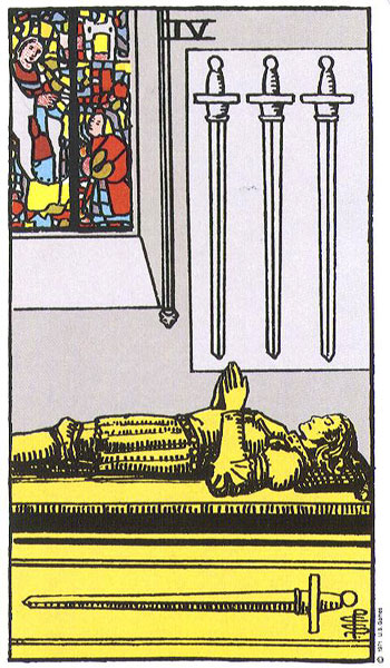 Classic tarot card image of Four of Swords