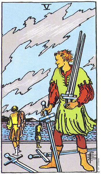 Classic tarot card image of Five of Swords