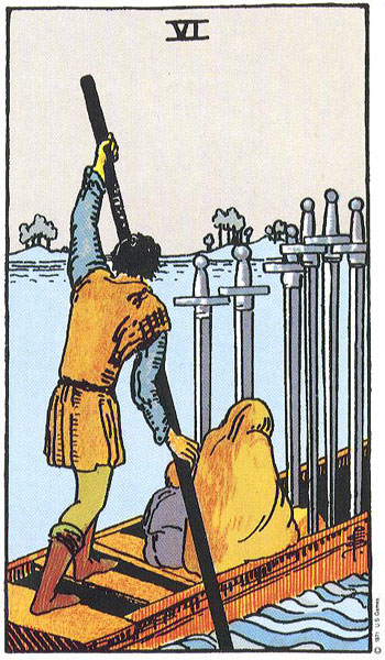 Classic tarot card image of Six of Swords