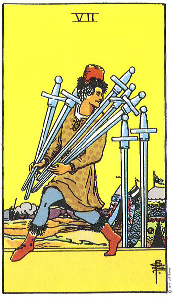 Classic tarot card image of Seven of Swords