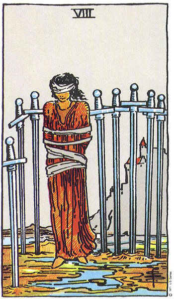 Classic tarot card image of Eight of Swords