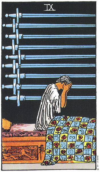 Classic tarot card image of Nine of Swords