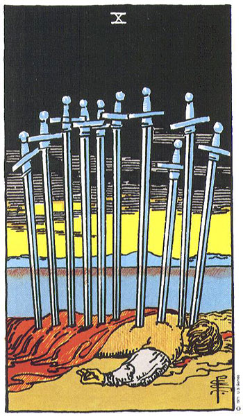 Classic tarot card image of Ten of Swords