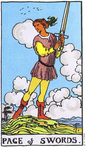 Classic tarot card image of Page of Swords