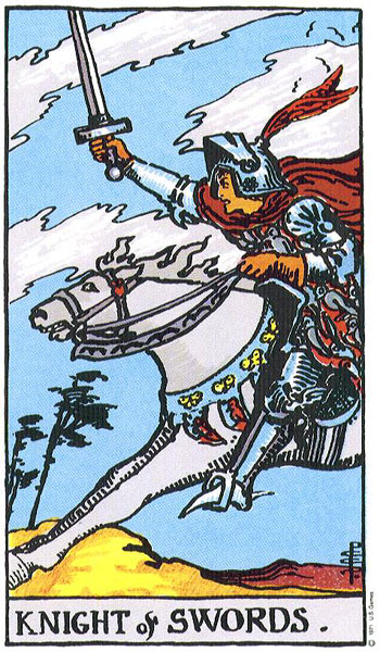 Classic tarot card image of Knight of Swords