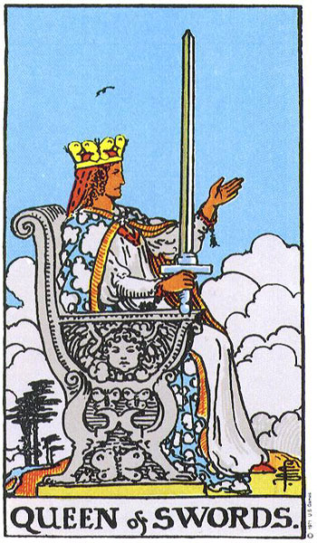 Classic tarot card image of Queen of Swords