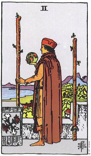 Classic tarot card image of Two of Wands