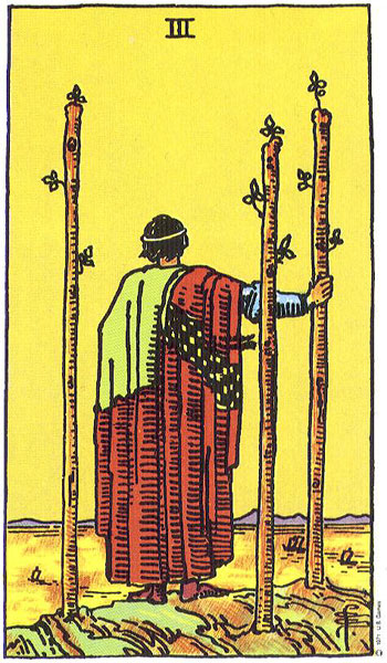 Classic tarot card image of Three of Wands