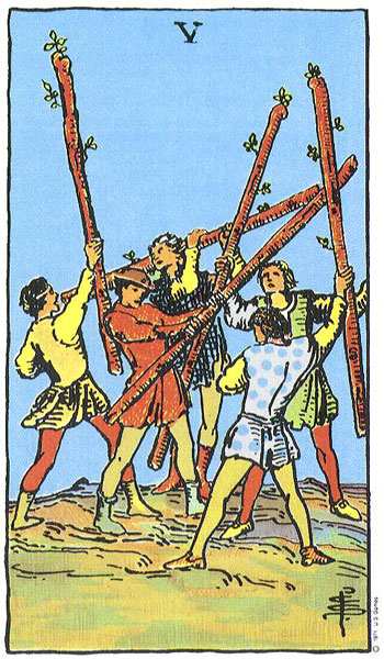 Classic tarot card image of Five of Wands