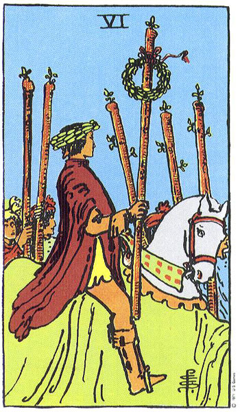 Classic tarot card image of Six of Wands