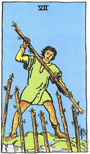 Classic tarot card image of Seven of Wands