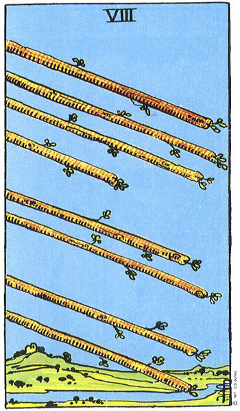 Classic tarot card image of Eight of Wands