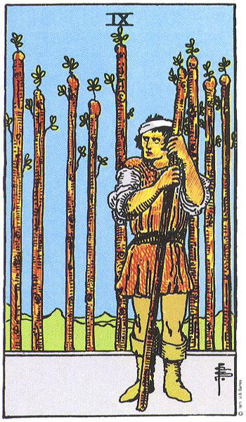 Classic tarot card image of Nine of Wands