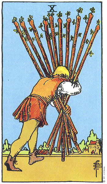 Classic tarot card image of Ten of Wands