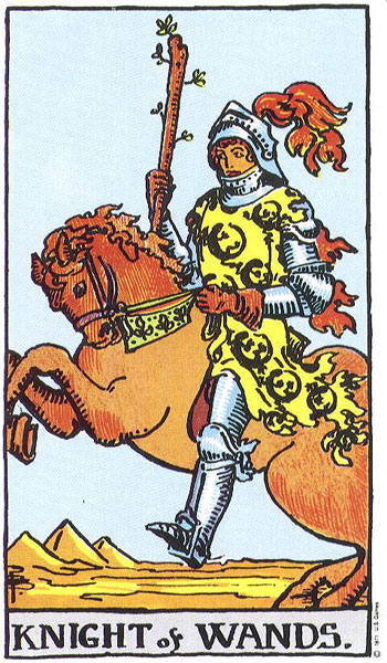 Classic tarot card image of Knight of Wands